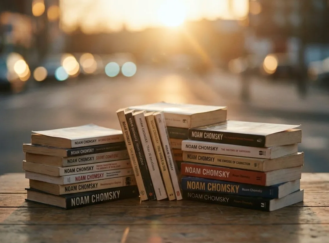 crea una imagen que represente esta imagen destacada de un blog sin texto 12 Essential Books by Noam Chomsky