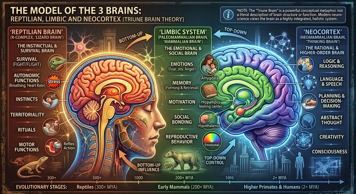 The Model of the 3 Brains Reptilian, Limbic and Neocortex